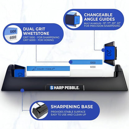 Sharp Pebble Complete Whetstone Knife Sharpening System – 1000/6000 Grit Wet Stone Sharpener Kit with Built-In Angle Guides (15°/17°/20°/22°) – Beginner-Friendly