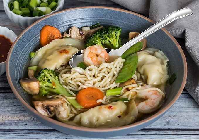 KEAWELL Premium 7.3 Inches Soup Spoons with Hook Handle, Set of 4, 18/10 Stainless Steel, Deep Bowl, Perfect for Ramen, Pho, Miso, Dumplings, Noodles, Wonton, Dishwasher Safe (Curved-Handle)