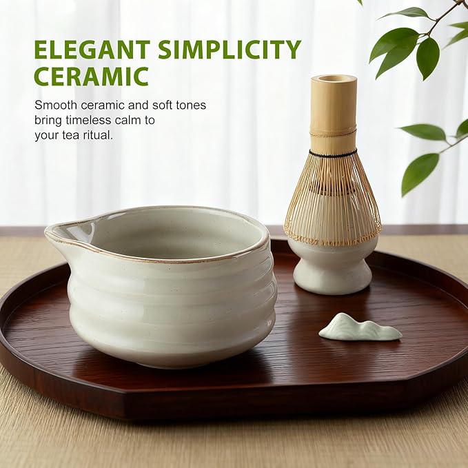 Soeos Matcha Powder, 2oz with 7-Piece Premium Matcha Starter Set - Includes Authentic Bamboo Whisk (Chasen), Ceramic Matcha Bowl (Chawan), Whisk Stand, Sifter, Scoop, and Scoop Rest