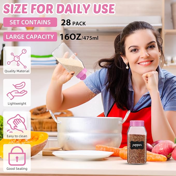 Mifoci 28 Pack 16 oz Plastic Spice Jars with Cap Square Plastic Bottle Containers with Shaker Lids and Stickers Large Seasoning Shaker Empty Powder Storage Container for Storing Salt Herbs (Pink)