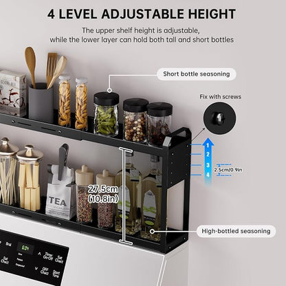 2 Tier Magnetic Over the Stove Shelf, Expandable Metal Spice Rack Organizer for Flat Top Gas Stove, Over Oven Storage for Seasonings, Oil Bottles, Spice Jars and Kitchen Essentials, Black