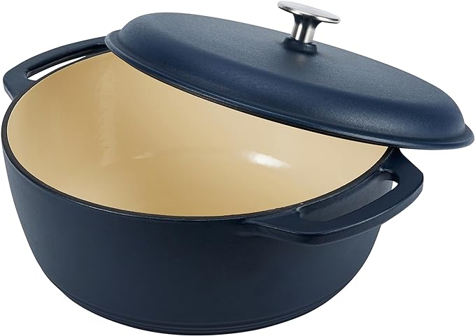Amazon Basics Enameled Cast Iron Dutch Oven Pot with Lid, Round, Dual Handles, Heavy-Duty, Oven Safe for Stews, Roasting, Baking,6-Quart, Matte Navy