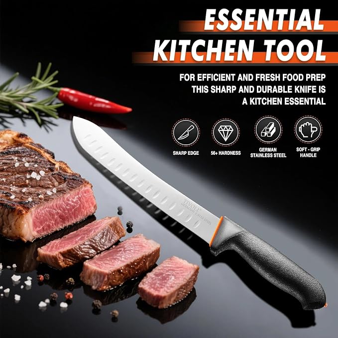 TIVOLI Bullnose Knife 10 Inch - Butcher Carving Knife with Ergonomic Non-Slip Softgrip & German Stainless Steel Razor Sharp Blade for Meat Cutting,Slicing - Gift for Men Women
