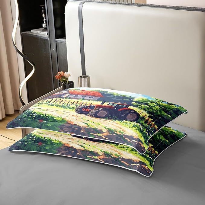 Castle Fairy Red Farm Tractors 100% Organic Cotton Duvet Cover Set Rustic Farmhouse Comforter Cover Set (Not Comforter) Pixelated Style Gaming Bedding Set Queen Size 3 Pcs