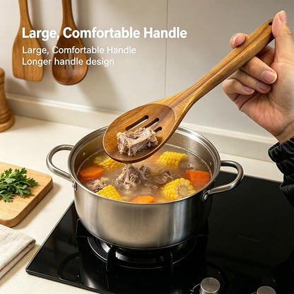 12 Inch Large Acacia Wooden Spoon, Slotted Spoon with Hole Cooking Spoon, Non-Stick Kitchen Utensils for Mixing, Stirring, Serving & Baking ﻿