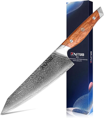 XITUO Damascus Steel Kiritsuke Knife 8-Inch, Japanese Chef Knife VG-10 67 Layers Steel Kitchen Knife, Ultra Sharp Razor Edge for Meat Vegetable Chopping, Olive Wood Handle Gift for Chefs