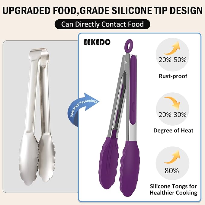 Tongs for Cooking, 600ºF High Heat-Resistant Stainless Steel Kitchen Tongs with Silicone Tips, Non Scratch, Locking Tong for BBQ Grilling Air Fryer Food Salads, Set of 2 (9" and 12") Purple
