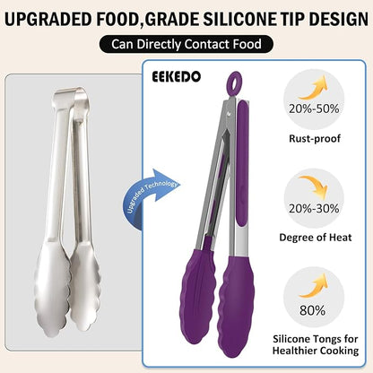 Tongs for Cooking, 600ºF High Heat-Resistant Stainless Steel Kitchen Tongs with Silicone Tips, Non Scratch, Locking Tong for BBQ Grilling Air Fryer Food Salads, Set of 2 (9" and 12") Purple