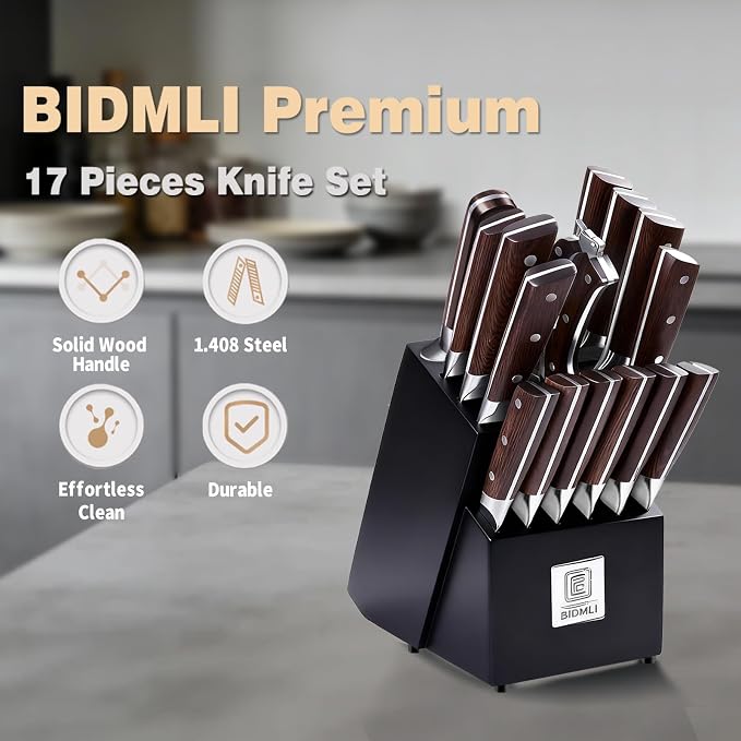 17-Pack kitchen knife set, wooden blocks,sharp high carbon stainless steel blades,hardwood handles,Sharpener,chicken bone clipper,microfiber towels,gift packaging,for families, restaurants, chefs.