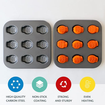 9 Cup Nonstick Fish Shape Muffin Cupcake Pan Mini Taiyaki Cake Fondant Topper Decoration Cornbread Cat Dog Puppy Treat Ice Cube Chocolate Madeleine Cookie Biscuit Baking Tin Tray Mold Maker