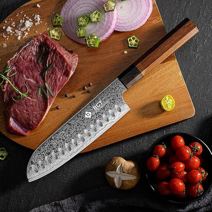 BGT Kiritsuke Knife, 8 inch Japanese Chef Knife, Japanese 67 Layer VG-10 Damascus Steel Kitchen Knife with Ebony Wood Handle and Gift Box. (Santoku knife)
