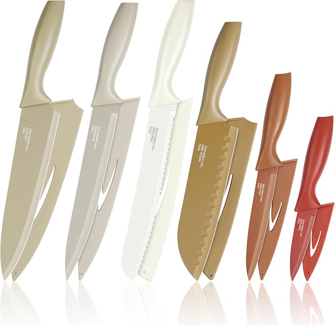 E-far 12-Piece Kitchen Knife Set, Stainless Steel Chef Knives Set with 6 Blade Guards, Sharp Kitchen Cooking Knife with Ergonomic Handle, Anti-Rust & Easy to Clean (Multicolor)