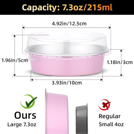 Beasea 7.3oz Mini Pie Pans with Lids, 120 Pack 4 Inch Disposable Creme Brulee Ramekins Small Aluminum Foil Pie Tart Cake Baking Tin Pans Cheesecake Containers for Party - Pastel Pink