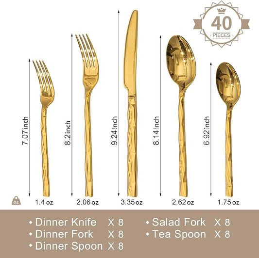 KINGSTONE Gold Silverware Set, Luxury 40 Piece Flatware Set for 8, 18/10 Stainless Steel Cutlery Set with Diamond Cut Pattern for Kitchen, Home, Wedding, Party, Mirror Polished and Dishwasher Safe