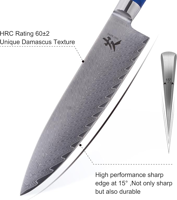 SAMCOOK Damascus Chef Knife - 8 Inch Professional Sharp Gyuto Knife - Japanese VG-10 High Carbon Stainless Steel Kitchen Cooking knife - Ergonomic Blue Resin Wood Handle with Gift Box