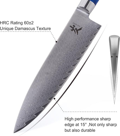 SAMCOOK Damascus Chef Knife - 8 Inch Professional Sharp Gyuto Knife - Japanese VG-10 High Carbon Stainless Steel Kitchen Cooking knife - Ergonomic Blue Resin Wood Handle with Gift Box