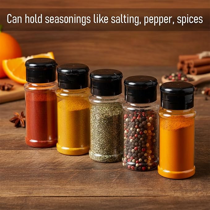 TIESOME 6 Pcs Plastic Spice Jars with Shaker Lids, 3 oz Clear Seasoning Containers for Spice Rack, Drawer, Cabinet Storage (Black Lid)