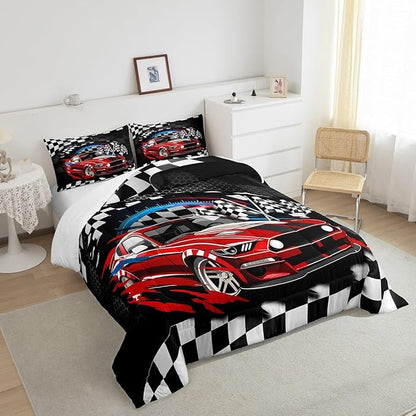 Manfei Racing Car Theme Comforter Set for Kids,Speeding Game Bedding Set Teens Boys Room Decor,Extreme Sports Comforter with 1 Pillowcase for All Seasons,Twin