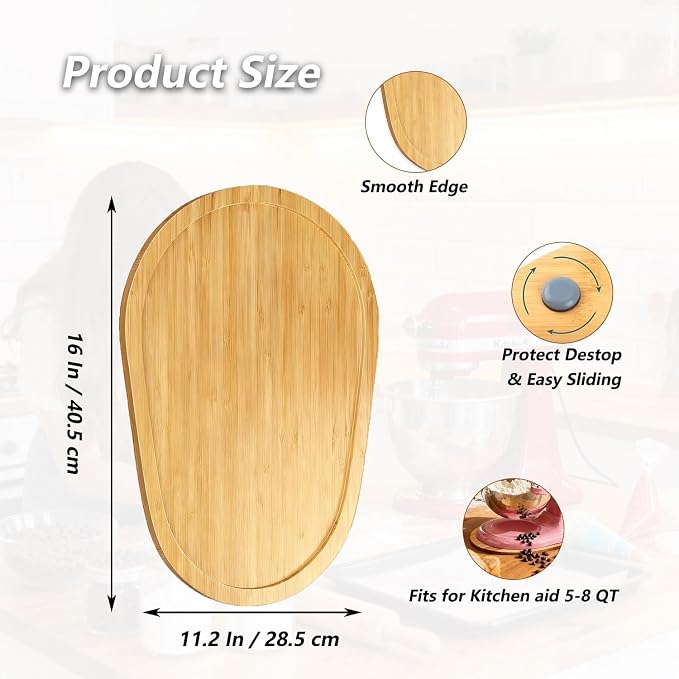 Bamboo Mixer Slider Compatible with KitchenAid 5-8 Qt Bowl Lift Stand Mixer, Appliance Sliding Mat Accessories and Attachments for Kitchen Aid, Countertop Moving Tray