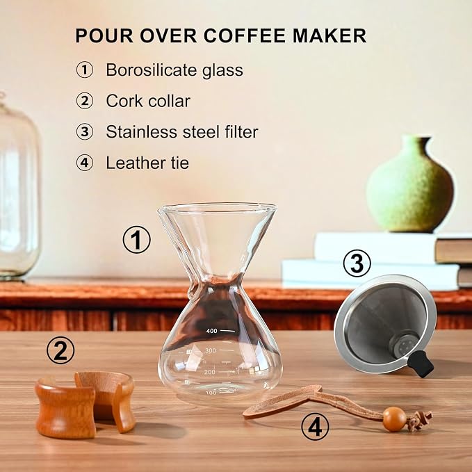 FrutPunch Pour Over Coffee Maker with Stainless Steel Filter, Pour Over Coffee,Pour Over Coffee Dripper, 13.5 OZ, Drip Coffee Maker, High Heat Resistant Carafe, also for Camping, Hiking