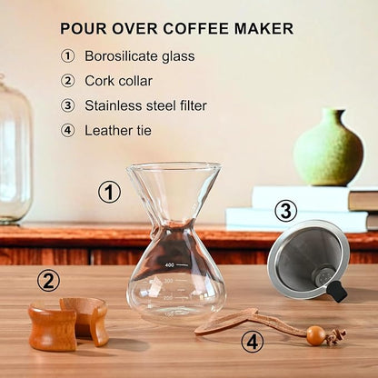 FrutPunch Pour Over Coffee Maker with Stainless Steel Filter, Pour Over Coffee,Pour Over Coffee Dripper, 13.5 OZ, Drip Coffee Maker, High Heat Resistant Carafe, also for Camping, Hiking