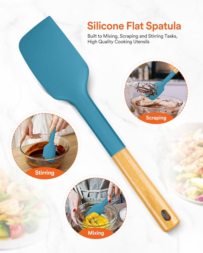 Silicone Heavy-Duty Spatula, Great For Tough Mixing And Stirring, Sturdy Bpa-Free Matte Silicone, Wooden Handle Rubber Scraper For Nonstick Cookwares (TURQ)