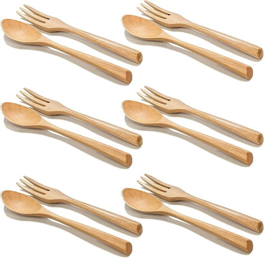 Wood Soup Spoons And Forks 6 Sets Natural Wood Eating Utensils Wooden Flatware Set, 7.5Inch Eco Friendly Wood Cutlery Wooden Dinner 6 Spoons and 6 Forks