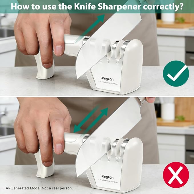 Longzon 5-in-1 Knife Sharpener 4 Stage with Cut-Resistant Glove, Quickly Sharpens & Restores Dull Blades, Easy & Safe for Home Kitchen Use, Fits Most Knives and Scissors, Off-white