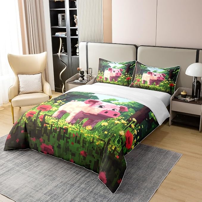 Full Size Duvet Cover Set Pink Pig Comforter Cover Set 100% Pure Cotton Pixelated Style Floral Duvet Cover Set (No Filler) Cartoon Animals Bedding Set 3 Pcs