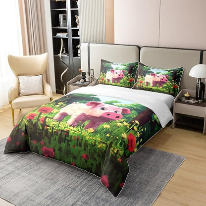 Pink Pig 100% Natural Cotton Duvet Cover Set Pixelated Style Floral Comforter Cover Set King Size for Bedroom Decor Cartoon Animals Bedding Set 3 PCS,Comforter Not Included