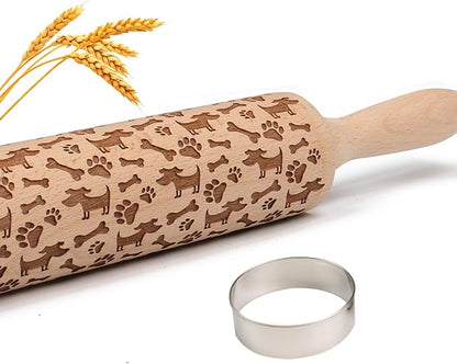 Embossed Rolling Pin for Baking Cookies Embossing Rolling Pins with Design Wooden Engraved Springerle Roller Pin Dough Animal Patterned Clay Pottery Ceramic Stamp Mold Gifts Bakers Women Kids (Dog)