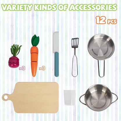 Play Kitchen for Kids, Wooden Kids Play Kitchen Playset Chef Pretend Play Set for Toddlers, Toys Kitchen with 12 Pcs Toy Food & Cookware Accessories