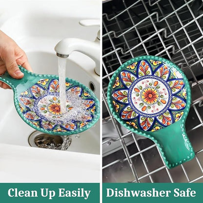 Ceramic Spoon Rest for Stove Top, Bohemian Style 7.7 Inch Large Spoon Holder for Kitchen Counter, Heat-Resistant Cooking Utensil Rest for Spatula, Ladle and Tongs, Dishwasher Safe, Set of 2
