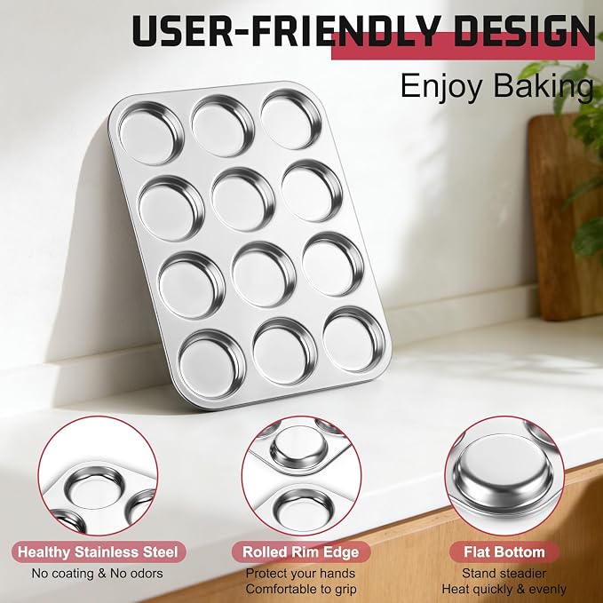 E-far Muffin Top Pan, 12-Cavity Stainless Steel Shallow Cupcake Pan for Yorkshire Pudding, Eggs, Whoopie Pie, Cornbread, Non-toxic & Dishwasher Safe - 2 Pcs