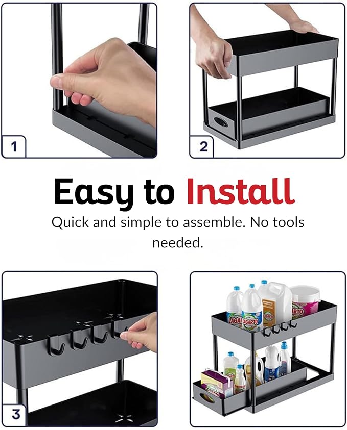 2 Tier Under Sink Organizer with Sliding Drawer, Pull Out Cabinet Storage Rack for Kitchen Bathroom Pantry, Multi Purpose Shelf with Removable Side Hooks and Hanging Cup, Tool Free Assembly
