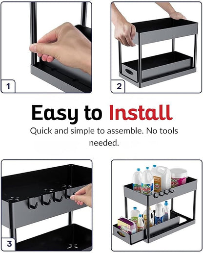 2 Tier Under Sink Organizer with Sliding Drawer, Pull Out Cabinet Storage Rack for Kitchen Bathroom Pantry, Multi Purpose Shelf with Removable Side Hooks and Hanging Cup, Tool Free Assembly