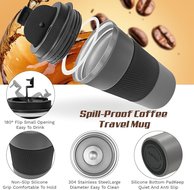 SPLMIFA Vacuum-Insulated Stainless Steel Travel Coffee Mug, Leak-Proof Reusable Coffee Cup with Lid-Keeps Drinks Hot & Cold for Hours, Durable Double Wall Tumbler for Men & Women (3rd-Grey, 12OZ)