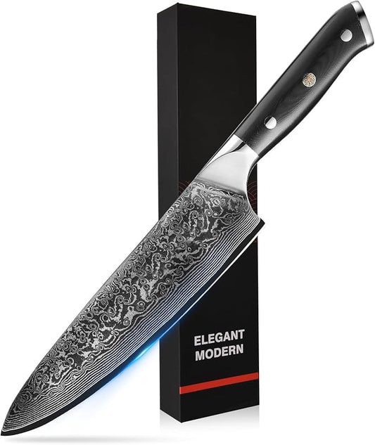 Chef Knife 8 inch -Japanese VG10 Steel 67 Layer Damascus Chef Knife-Razor Sharp Kitchen Knife Ergonomic G10 Handle with Sheath