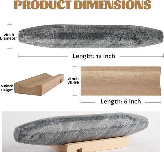 Koville African Natural Grey Marble French Rolling Pin, 12inch Non-Stick Rolling Pin for Baking, Dough Roller for Pasta, Dumpling, Fondant, Pie, Bread, Pizza, Kitchen Baking Tools