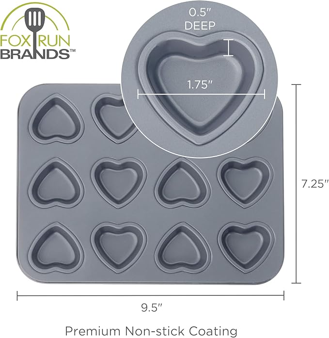 Fox Run Mini Heart Muffin Pan, 12-Cup, Preferred Non-Stick, Gray