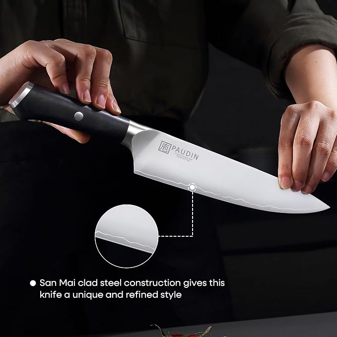 PAUDIN Chef Knife 8 Inch, Ultra Sharp Kitchen Knives 62 HRC, Multi-Layer Damascus Steel Professional Chefs Knife with Full Tang Ergonomic Wood Handle, Meat Vegetable Slicing Knives, Gift for Men Women