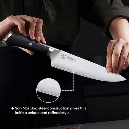 PAUDIN Chef Knife 8 Inch, Ultra Sharp Kitchen Knives 62 HRC, Multi-Layer Damascus Steel Professional Chefs Knife with Full Tang Ergonomic Wood Handle, Meat Vegetable Slicing Knives, Gift for Men Women