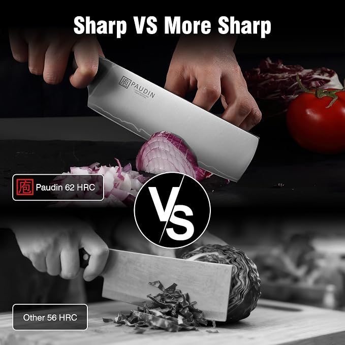PAUDIN Nakiri Knife 7 Inch,Damascus High Carbon Steel Kitchen Knife 62 HRC, Ultra Sharp Vegetable Chopping Cleaver and Meat Slicing Asian Chef Knife for Home Cooks, Gift Box Included for Women and Men