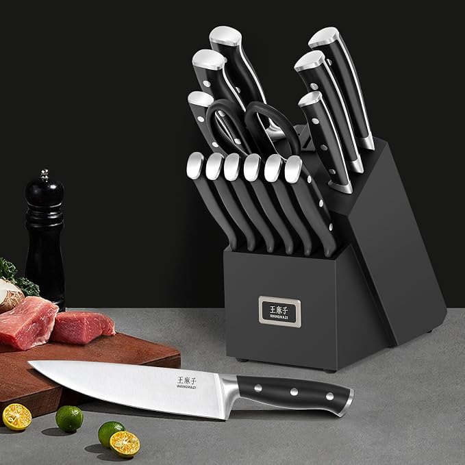 WANGMAZI 15 Pcs Knife Set with Block, Dishwasher Safe Kitchen Knife Set with Built in Sharpener Block, High Carbon Stainless Steel Dishwasher Safe Knives with Ergonomic Handles for Chef, Black Pro