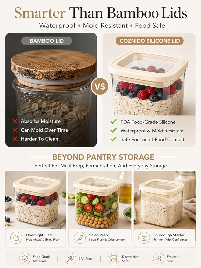 8pcs Square Glass Pantry Storage Containers Set with Glass Lids 1.22Qt/1.67Qt - Airtight Stackable Kitchen Canisters Sets for Pasta, Cereal, Flour | 40floz / 53floz Glass Pantry Storage Jars