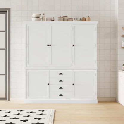 VilroCaz Freestanding Large Kitchen Pantry, Wooden Kitchen Organizers and Storage Kitchen Cabinet with 4 Drawers, Cupboard, 5 Doors, Adjustable Shelves for Dining Room (White-3.15)