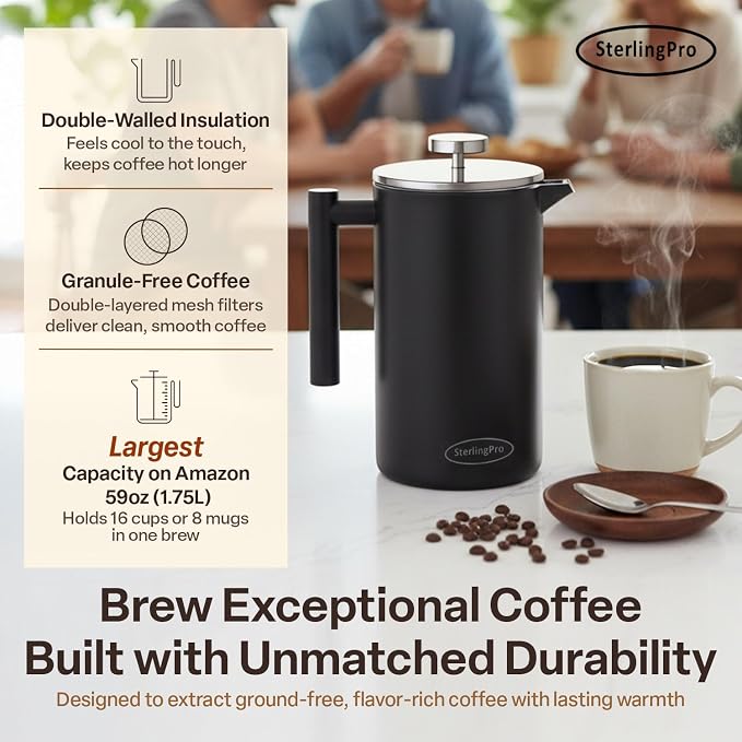 SterlingPro Extra Large Insulated Stainless Steel French Press Coffee Maker 59oz – Insulated Metal XL Double Wall Coffee Maker | Plastic Free | Cool-Touch | Black Finish | Makes up to 16 cups / 8 mugs