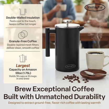 SterlingPro Extra Large Insulated Stainless Steel French Press Coffee Maker 59oz – Insulated Metal XL Double Wall Coffee Maker | Plastic Free | Cool-Touch | Black Finish | Makes up to 16 cups / 8 mugs