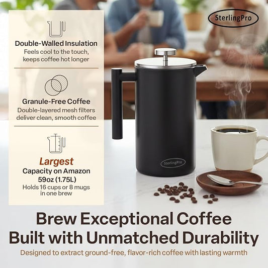 SterlingPro Extra Large Insulated Stainless Steel French Press Coffee Maker 59oz – Insulated Metal XL Double Wall Coffee Maker | Plastic Free | Cool-Touch | Black Finish | Makes up to 16 cups / 8 mugs