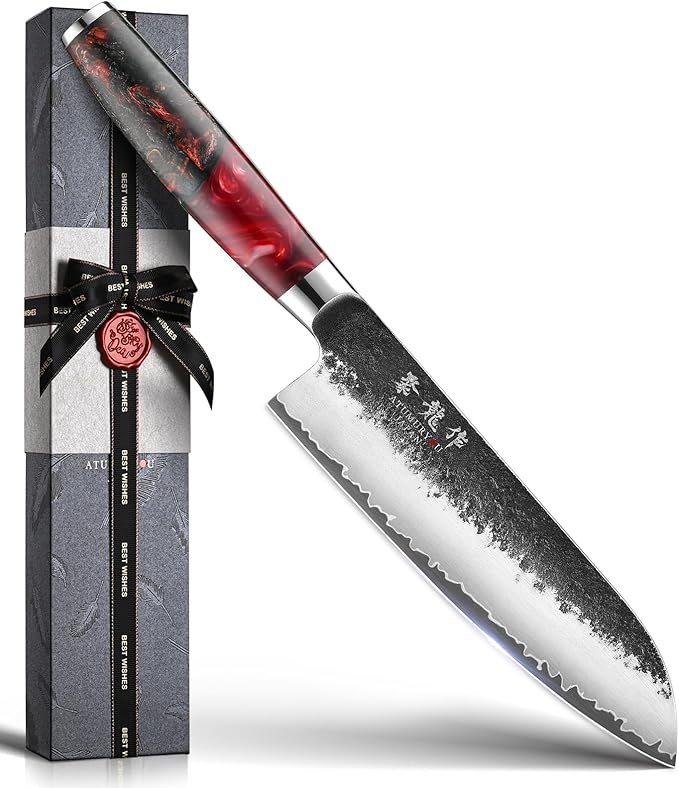 Japanese Chef Knife, 7 Inch Hand Forged Santoku Knife with VG10 Steel, Chefs Knives for Professional & Home Kitchen, Sharp Kitchen Knives with Red Ergonomic Handle, Cooking Gifts for Men and Women